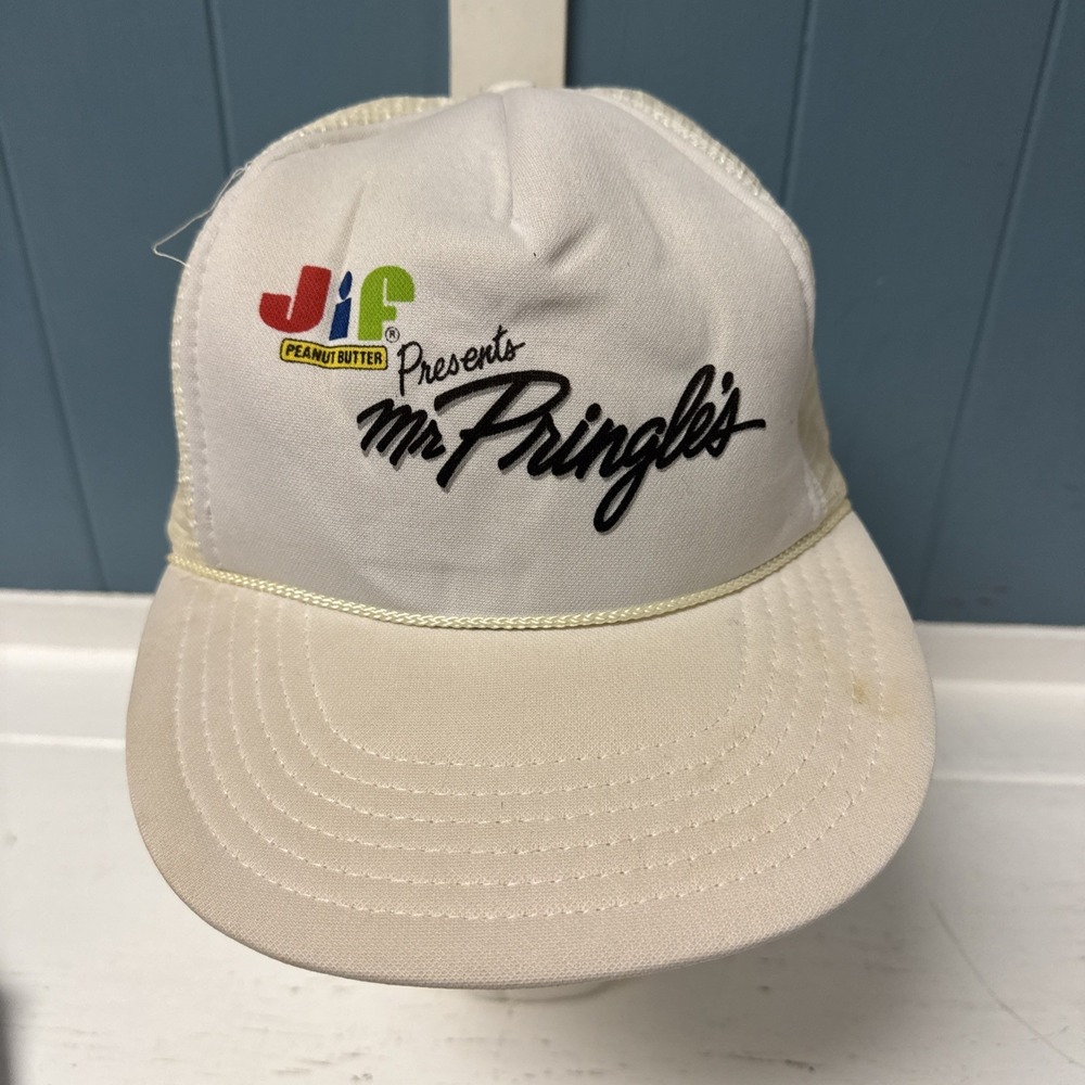 VTG Jif Peanut Butter Presents Mr Pringle's Cap Trucker Snapback Hat White Mesh